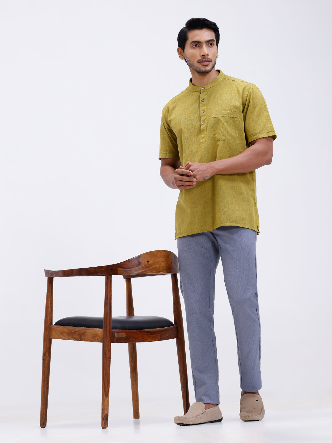Men Cotton Short Length Plain Pocket Kurta Pale Green PC26