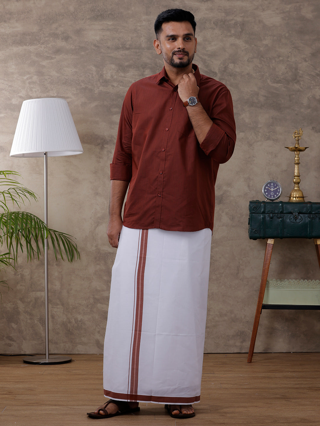 Mens Brown Matching Border Dhoti & Full Sleeves Shirt Set Evolution IC7