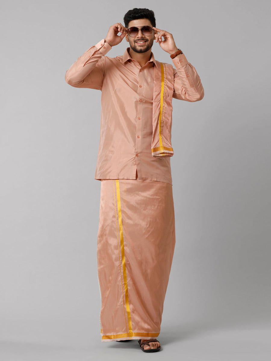 Mens Art Silk Copper Shirt Dhoti Towel Set Swayamvara-Front view