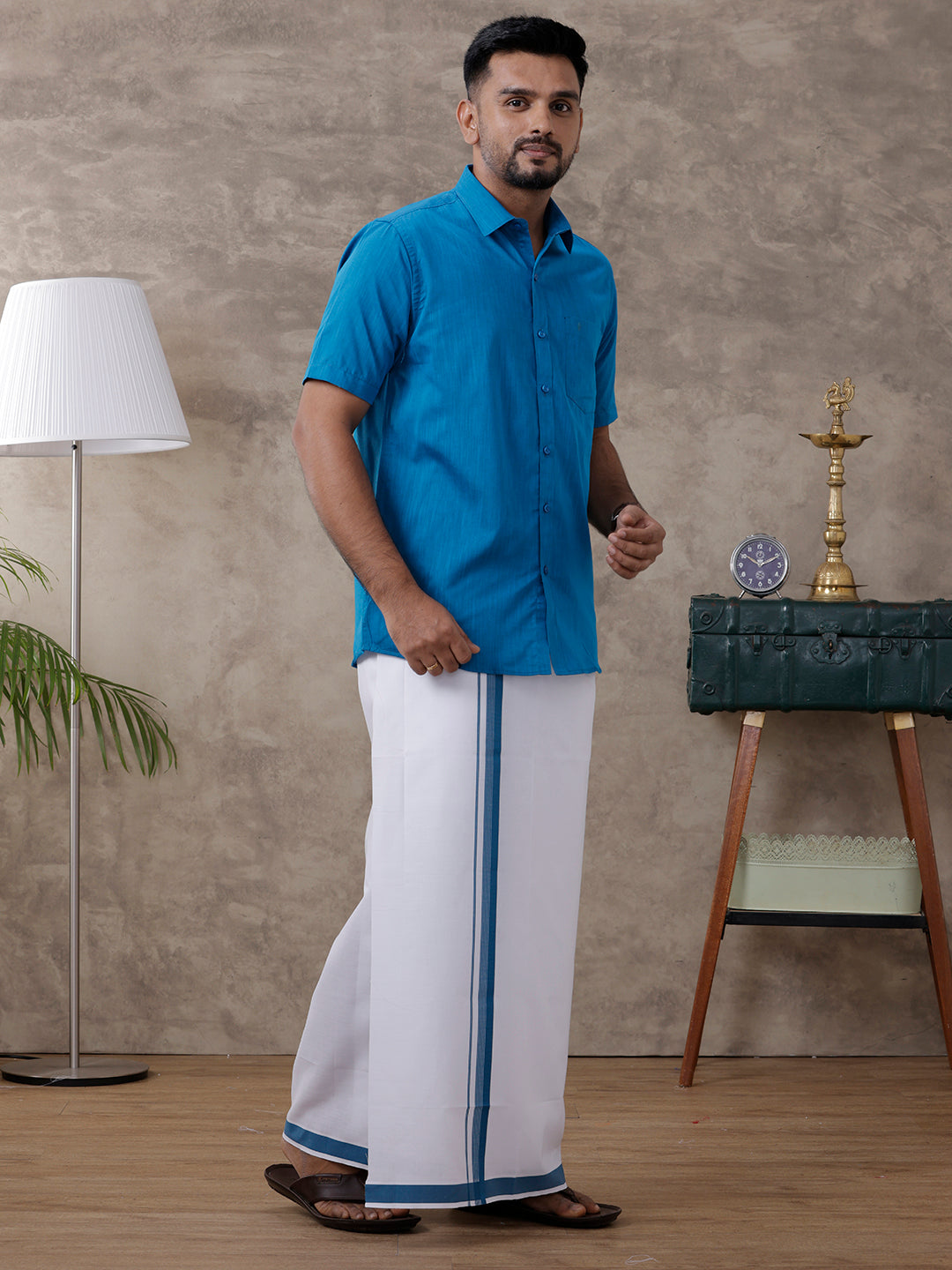 Men Blue Matching Border Dhoti & Half Sleeves Shirt Set Evolution IC4