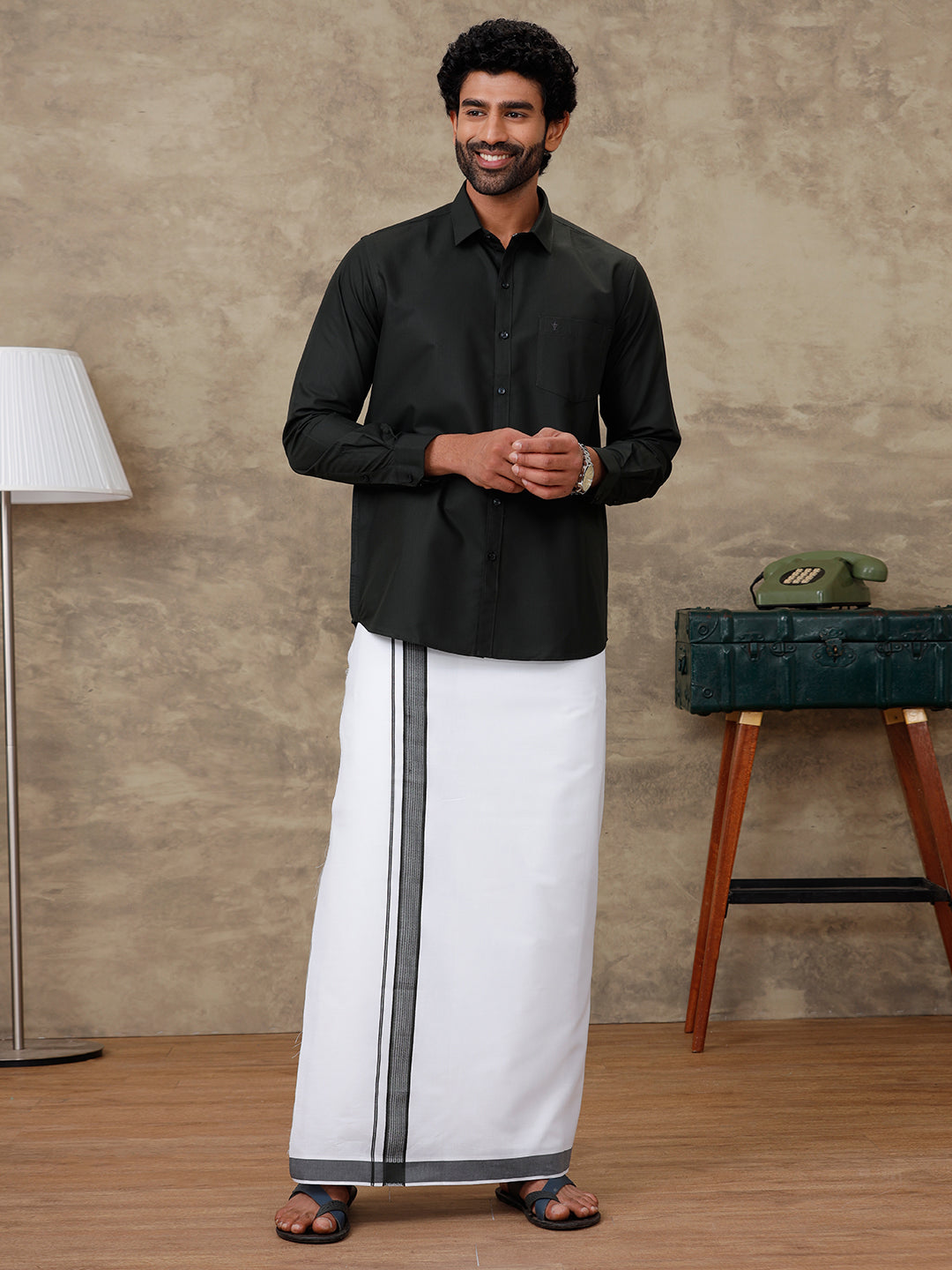 Men Green Waterlo Shirt With Matching Border Dhoti Set Trendy