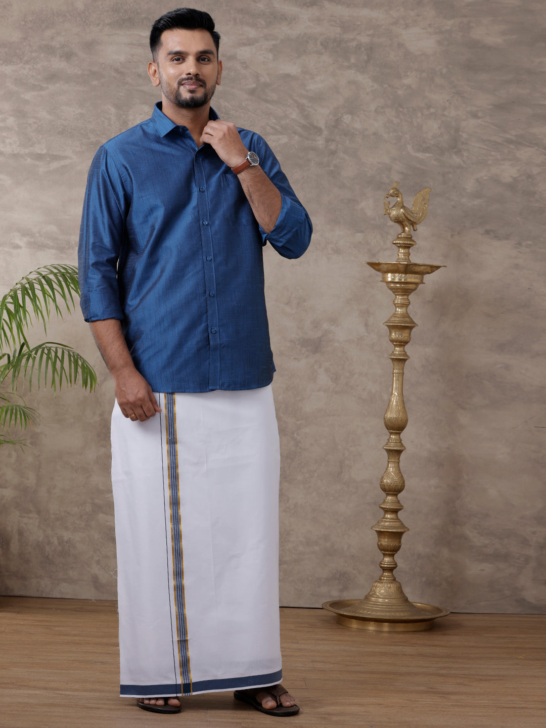 Mens Matching Jari Border Dhoti & Shirt Set Full Sleeve Blue VB9