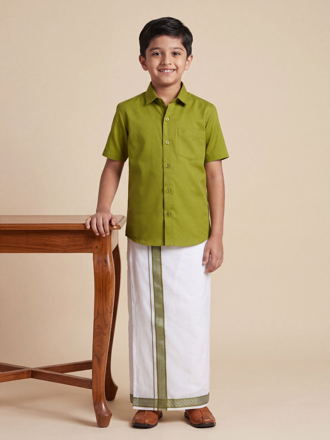 Boys 100% Cotton Pesto Green Shirt and Fancy Border Dhoti Set BT9