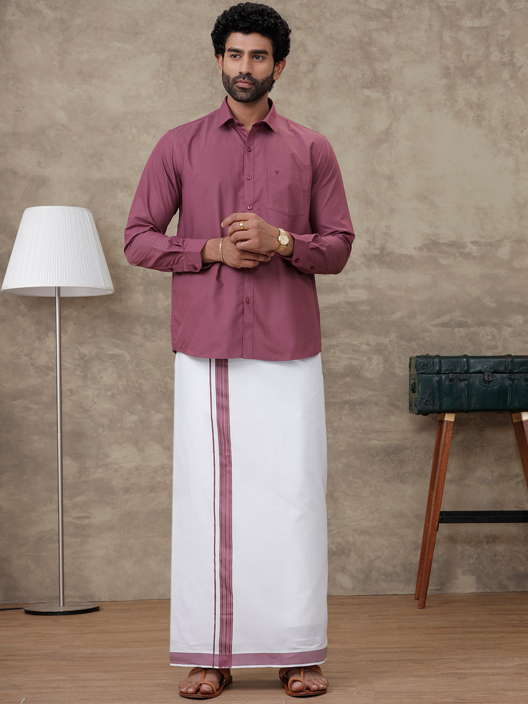Couple Combo Shirt & Dhoti Set with Saree Wine Berry ST306