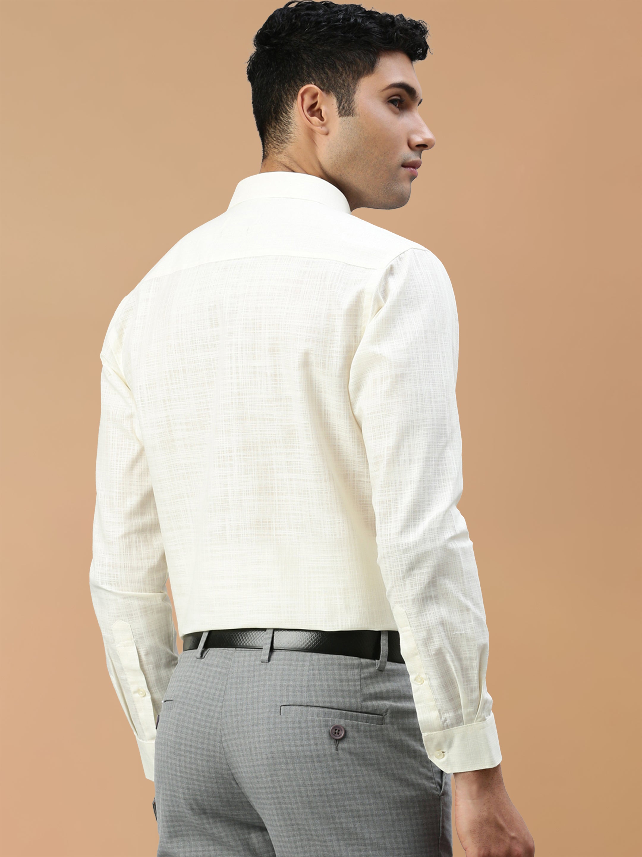 Cotton  Rich Self Design Cream Regular Fit Shirt Celebrity