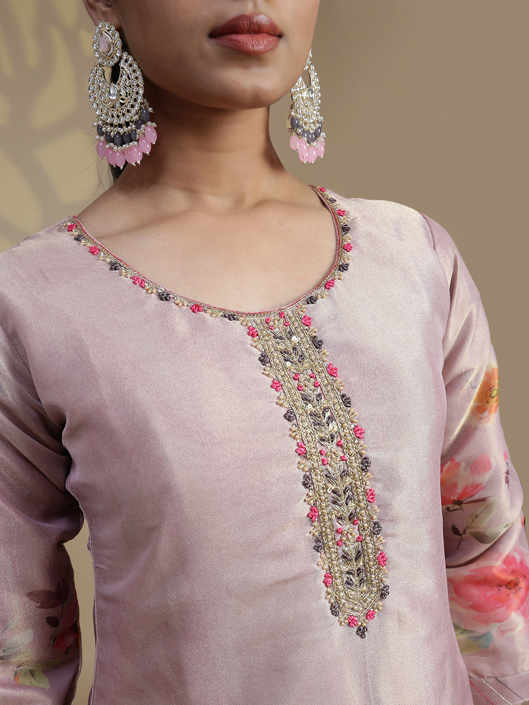 Women Grayish Purple MM Silk Printed Kurti Set EKS102