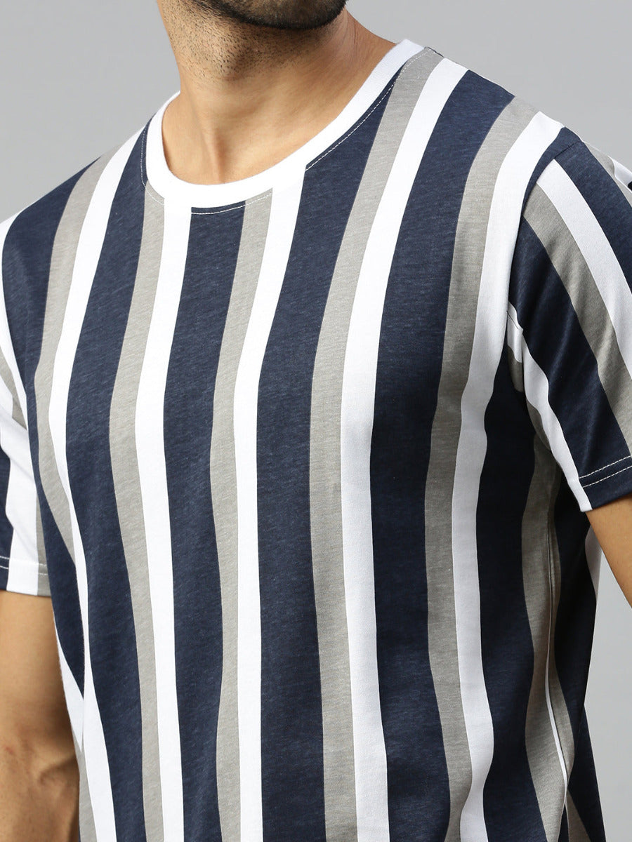 Navy & Grey Striped Graphic Printed Round Neck Casual T-Shirt GT45-Zoom view