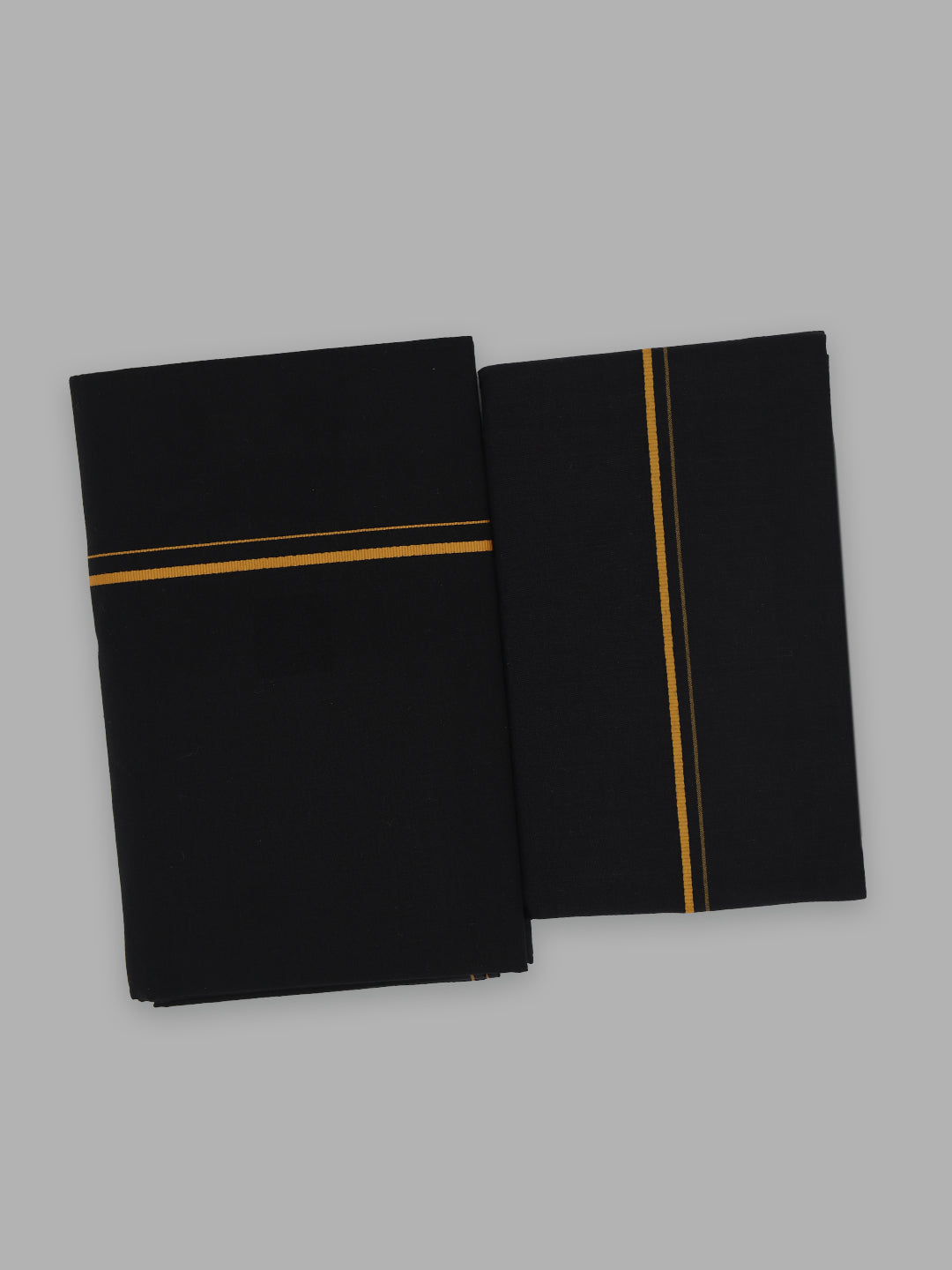 Men Cotton Blend Single Layer Black Dhoti & Towel Set with Yellow Small Border Sudhan