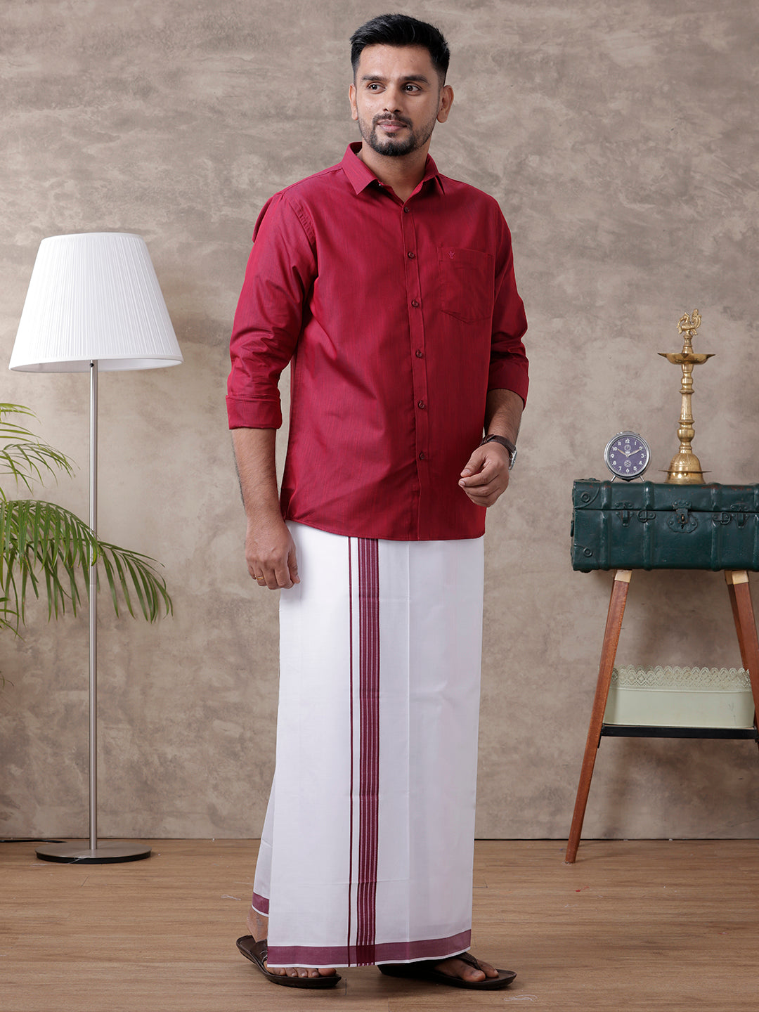 Men Maroon Matching Border Dhoti & Full Sleeves Shirt Set Evolution IC6