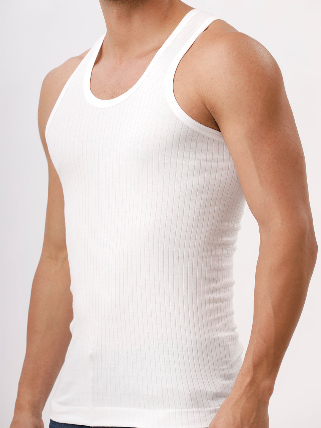 Men 100% Combed Cotton White Striped Vest RN Gaurav (Pack of 2)