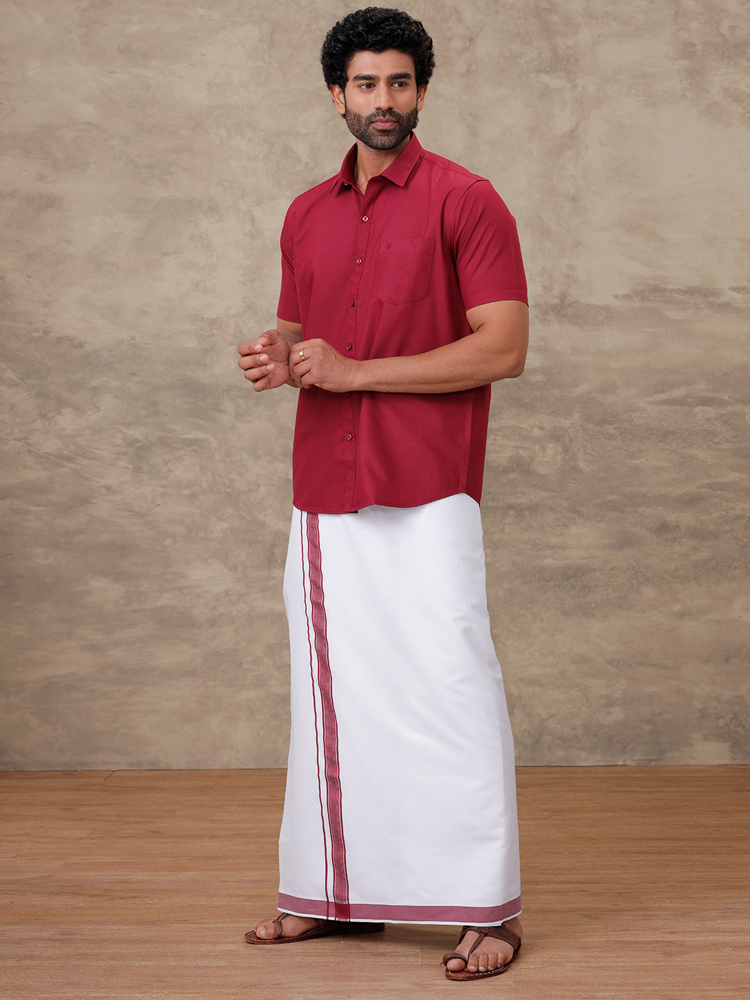 Men Dark Burgundy Shirt With Matching Border Dhoti Set Trendy