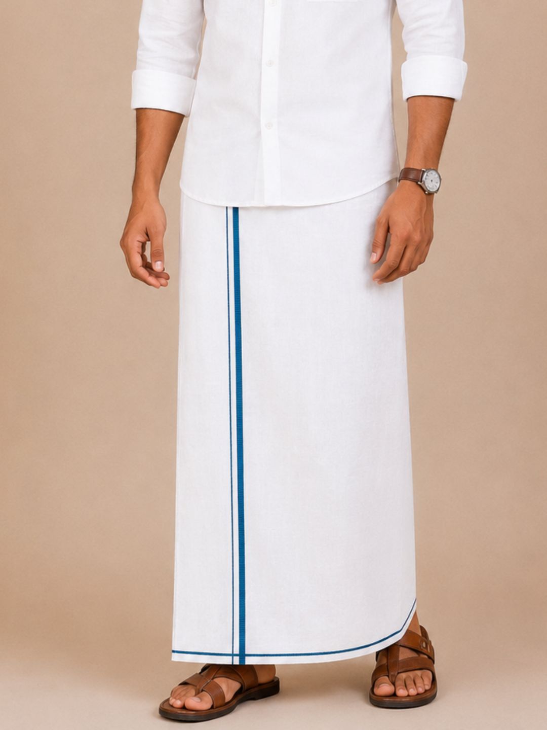 Men Cotton Linen Single Layer White Dhoti with Small Border Lee Sort LDS02