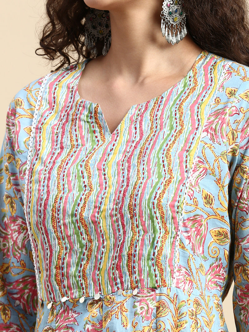 Womens Multi Colour Printed & Embroidered Kurti Set PKS02