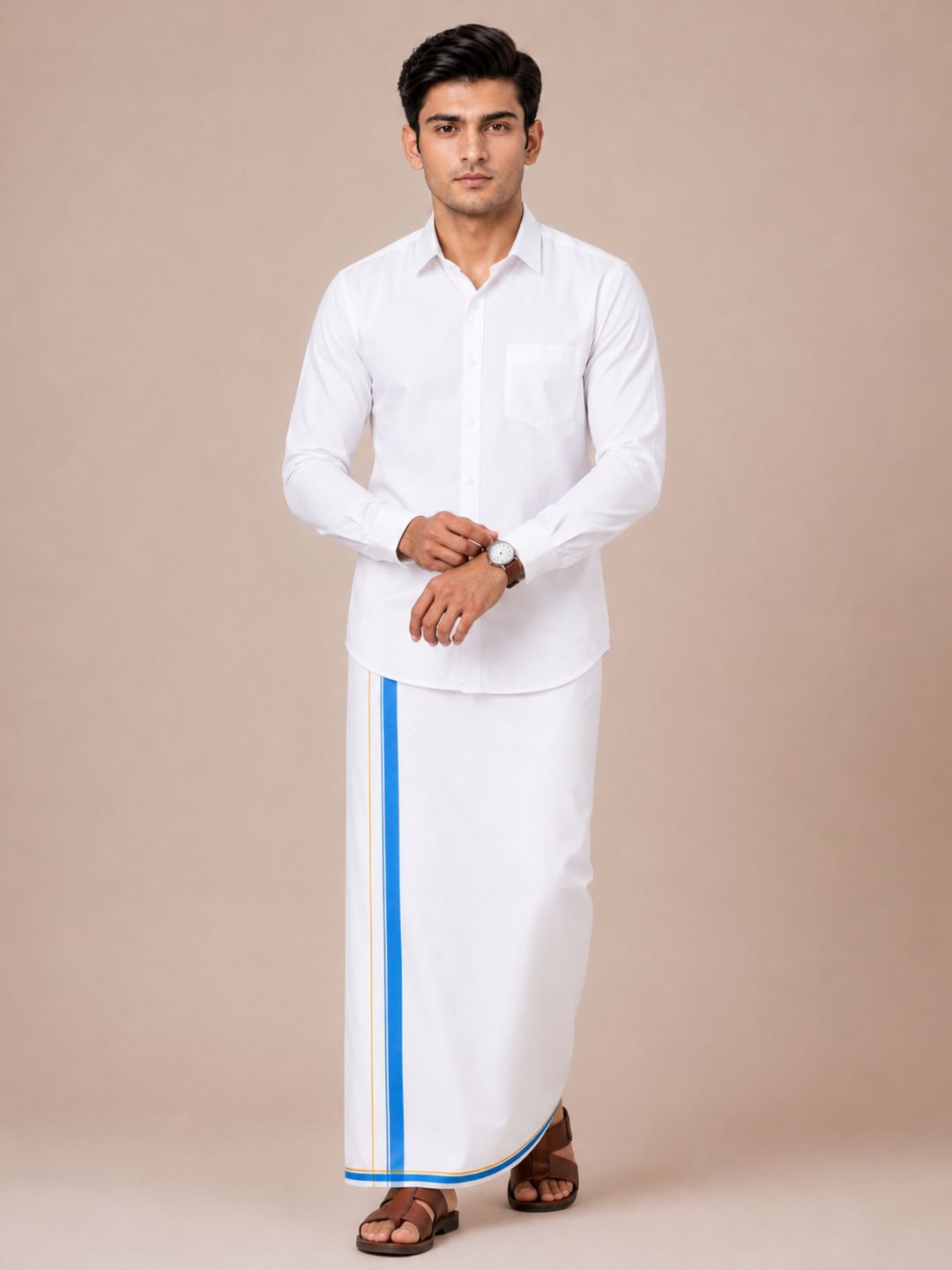 Men 100% Cotton Double Layer White Dhoti with Big Border Property PT04