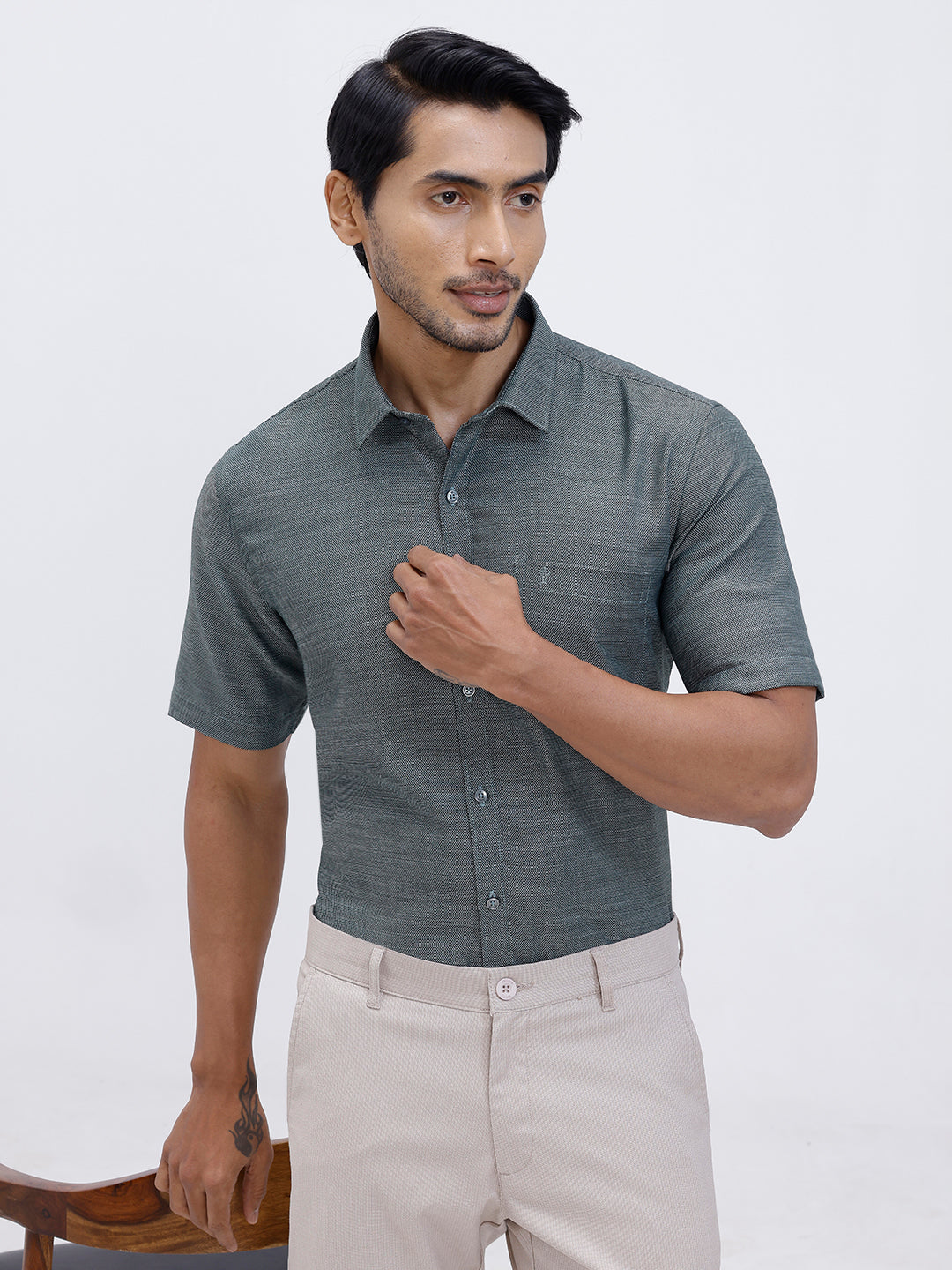 Men Cotton Rich Half Sleeve Shirt Green Dobby T59 AIT3