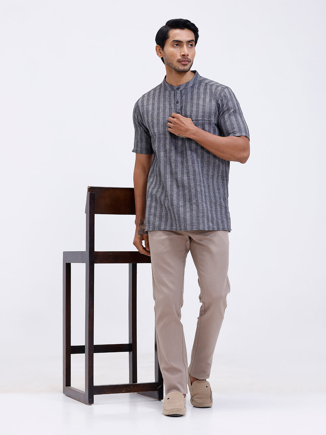 Men Cotton Short Length Self Design Pocket Kurta Mid Grey RK8