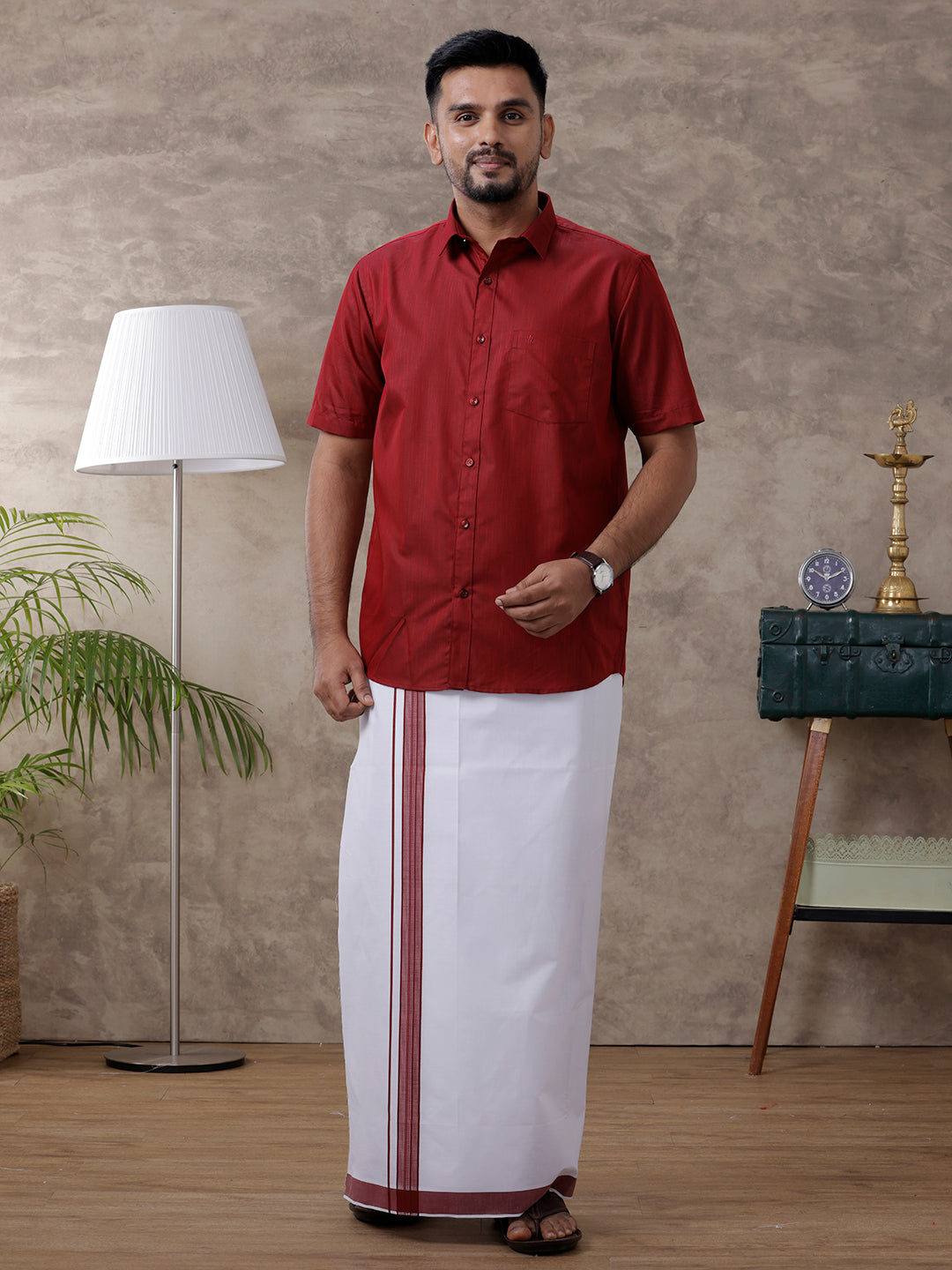 Mens Dark Red Matching Border Dhoti & Half Sleeves Shirt Set Evolution IC9