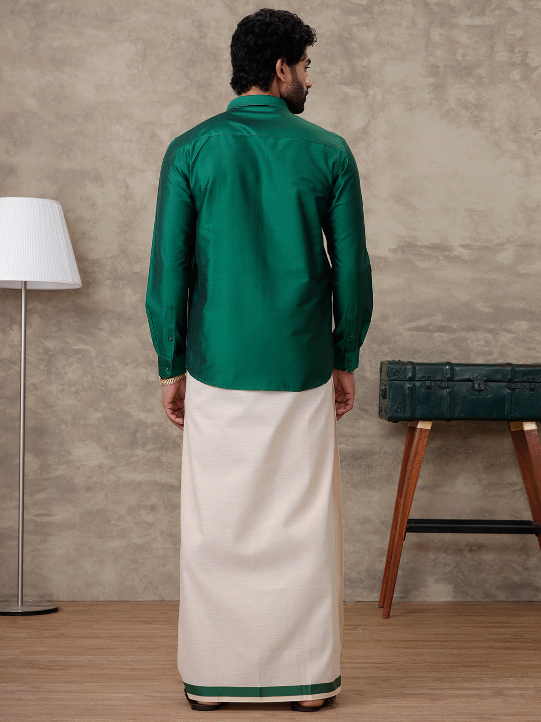 Men Parsley Green Silk Cotton Shirt With Matching Border Tissue Dhoti Set CCB Fortune