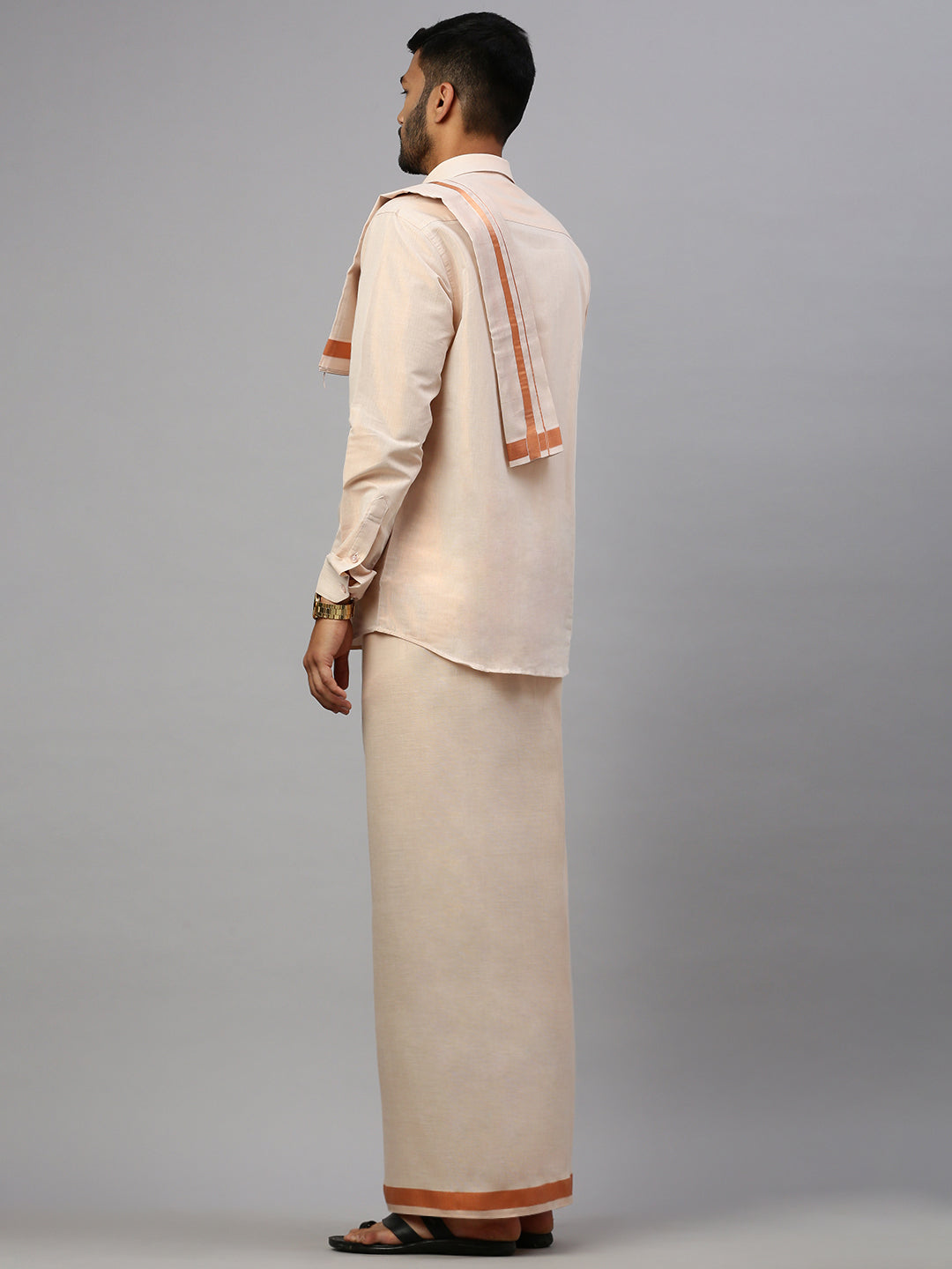 Men Tissue Copper Full Sleeve Shirt Jari Dhoti & Towel Set