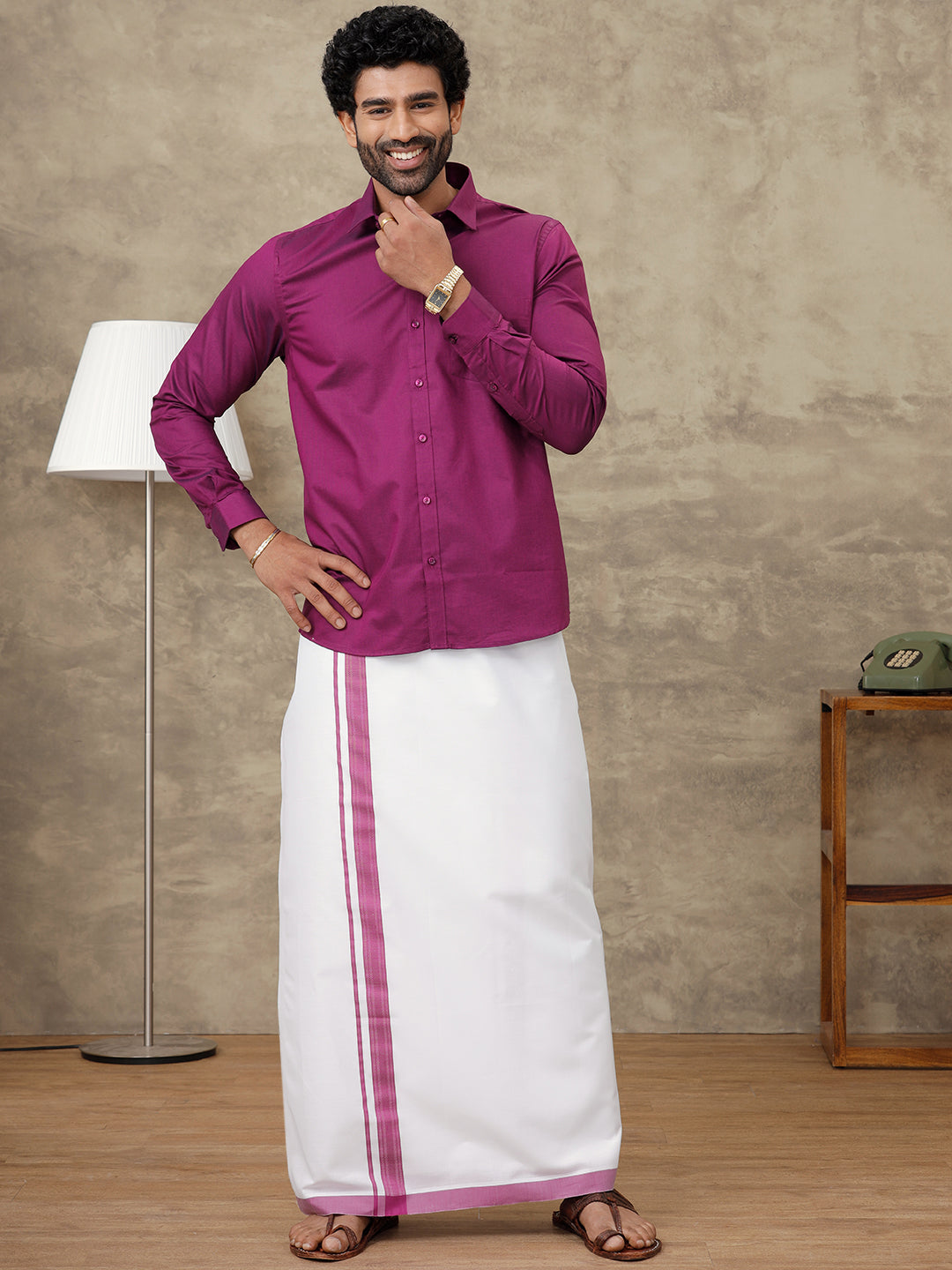 Men Dark Raspberry Shirt With Matching Border Dhoti Set Evolution