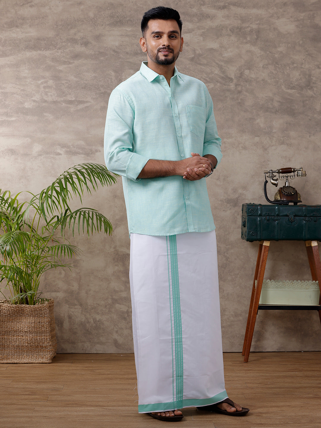 Men Matching Border Dhoti & Full Sleeves Shirt Set Light Pista Green C83