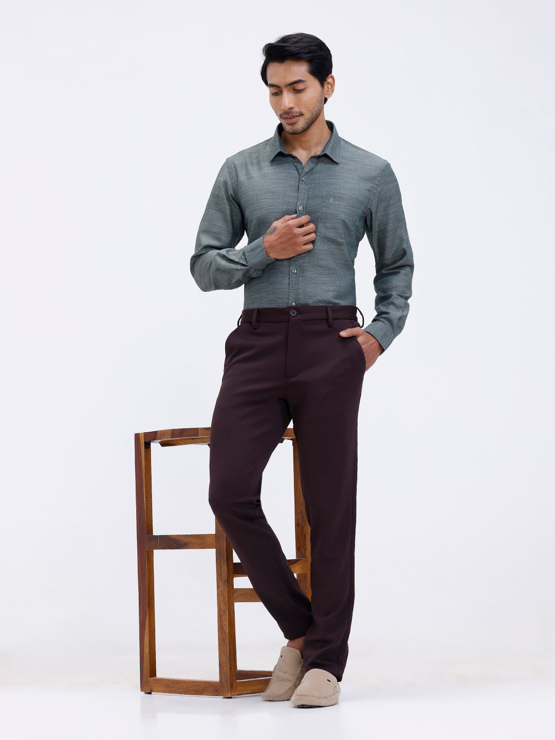 Men Cotton Rich Shirt Green Dobby T59 AIT3
