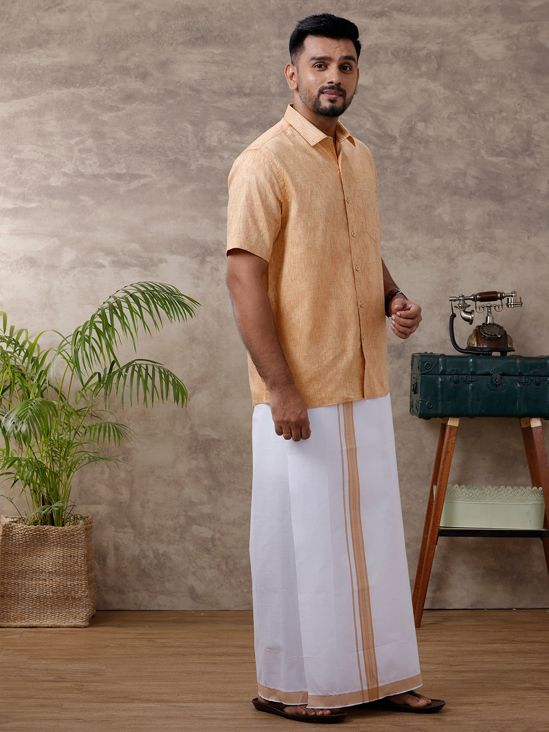 Men Matching Border Dhoti & Half Sleeves Shirt Set Mustard C1