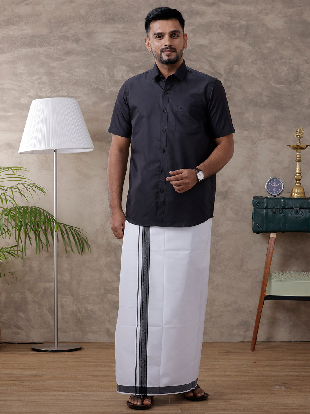 Men Black Matching Border Dhoti & Half Sleeves Shirt Set Evolution IC10