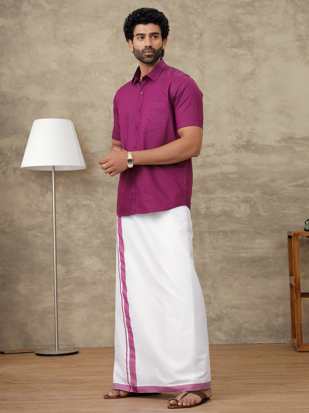 Men Dark Raspberry Shirt With Matching Border Dhoti Set Evolution