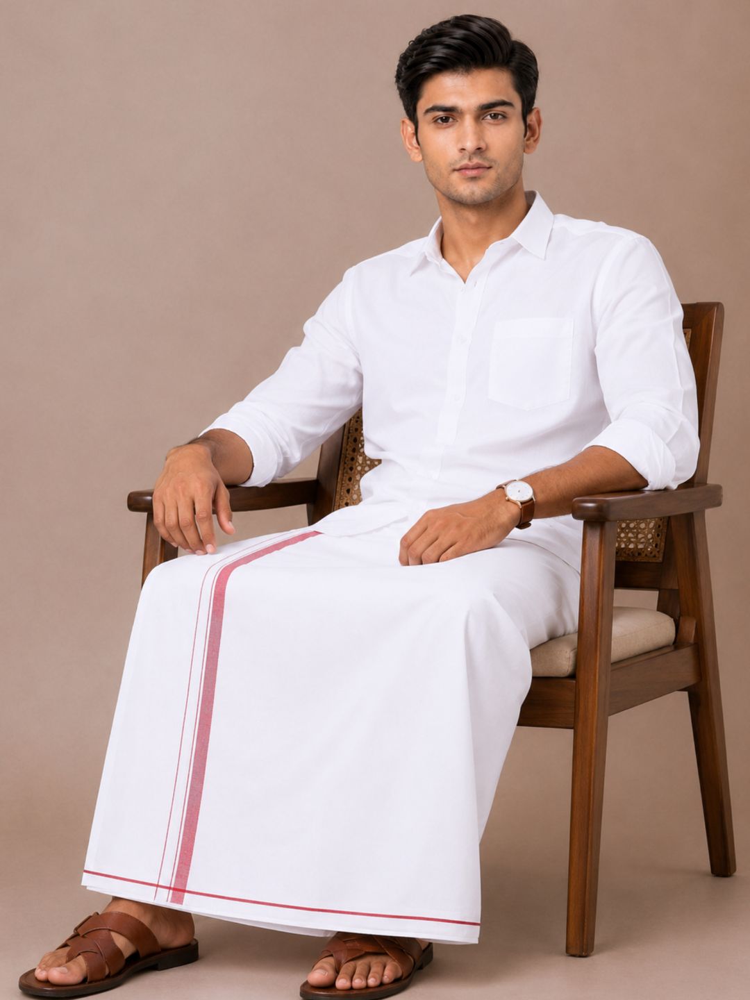 Men 100% Cotton Double Layer White Dhoti with Small Border Wisdom W02