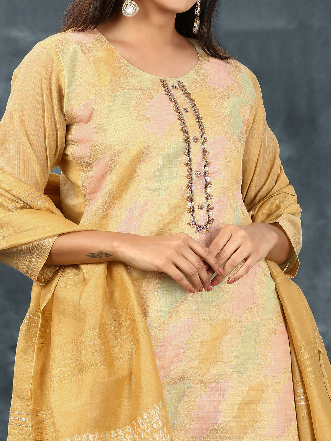 Womens Cotton Embroidered Kurti Sets Yellow EKS15