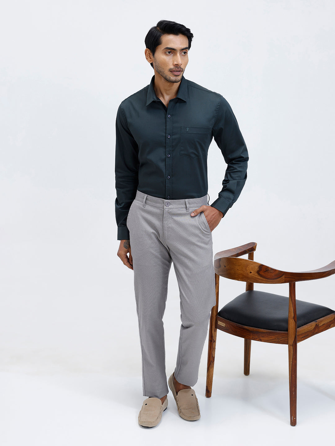 Men Cotton Blend Shirt Dark Green T53 ACT2