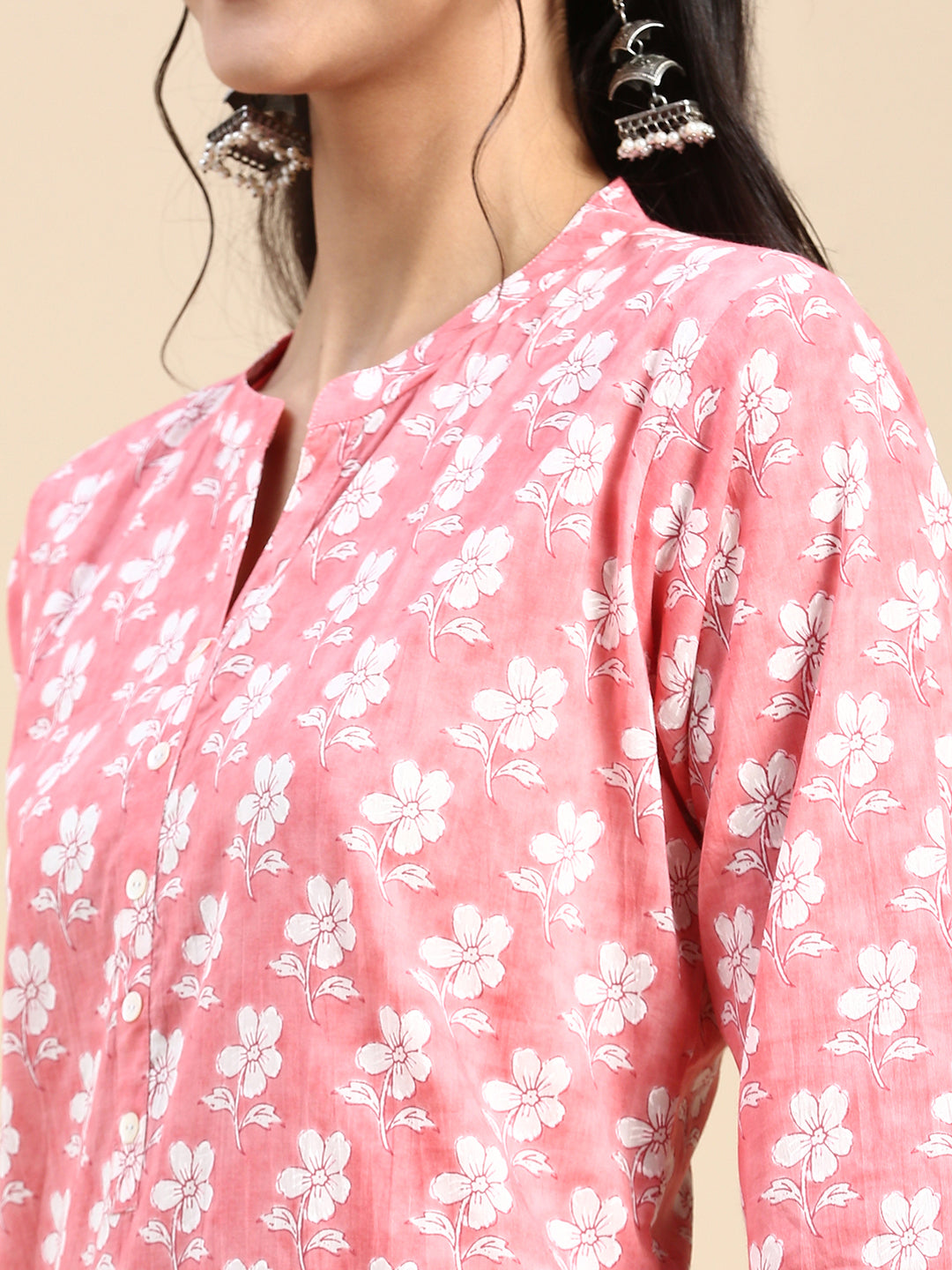 Women Cotton Printed Collar Neck Pink Kurti PK35