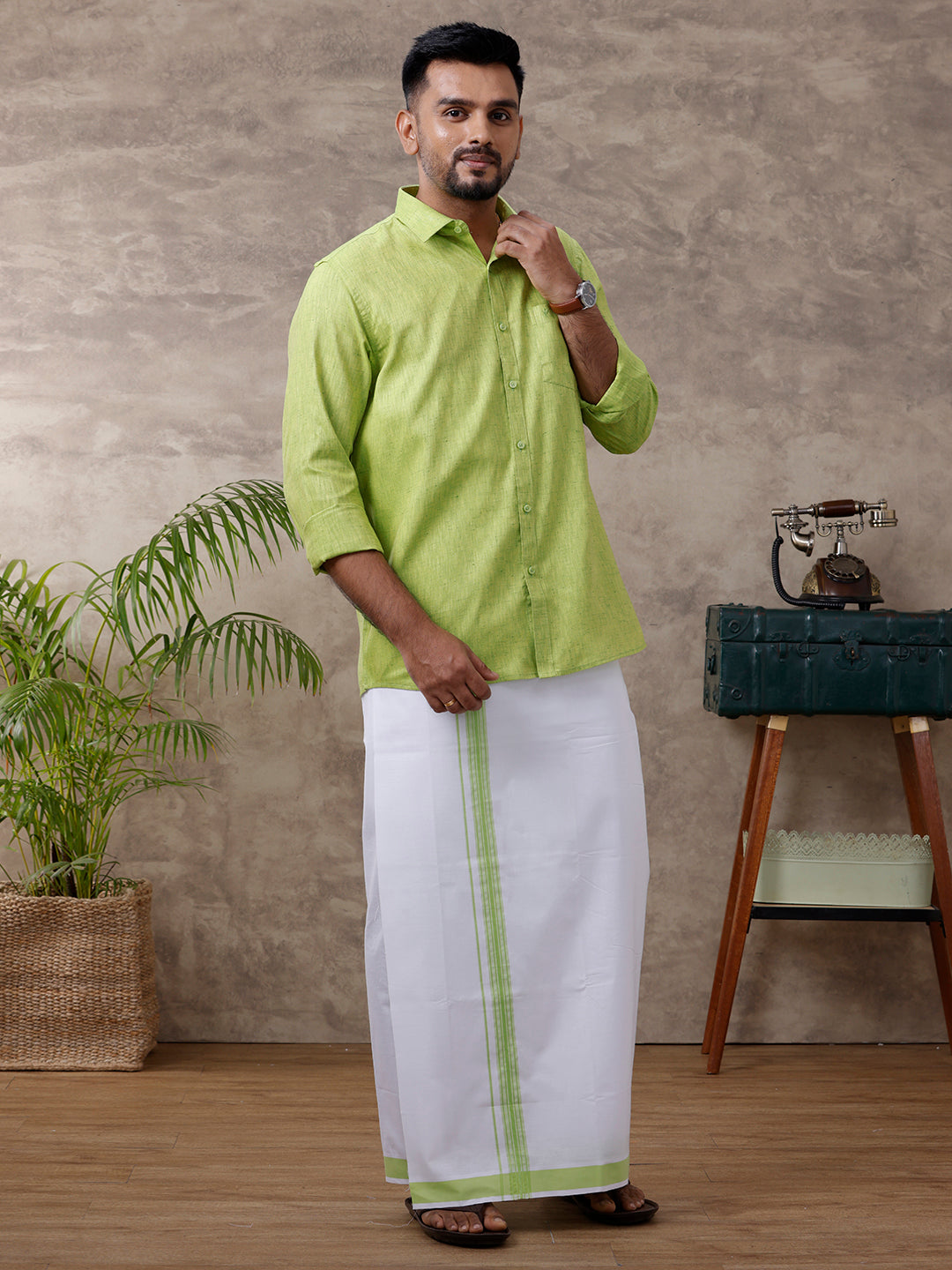 Mens Matching Border Dhoti & Shirt Set Full Green C82