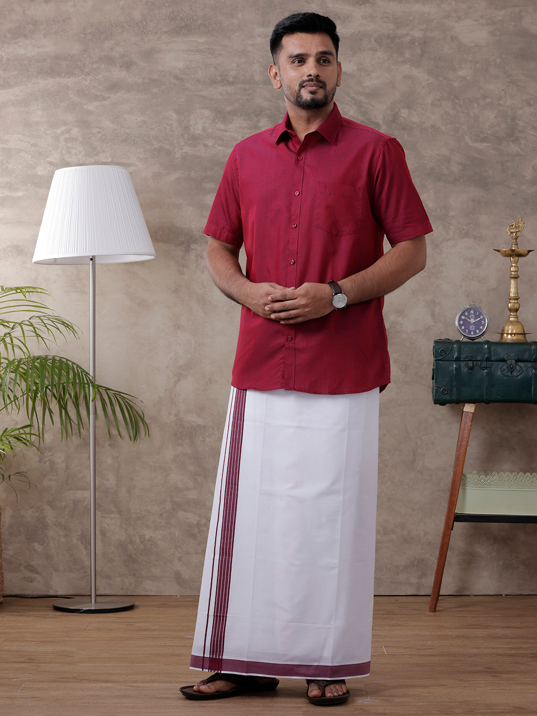 Mens Purple Matching Border Dhoti & Half Sleeves Shirt Set Evolution IC6