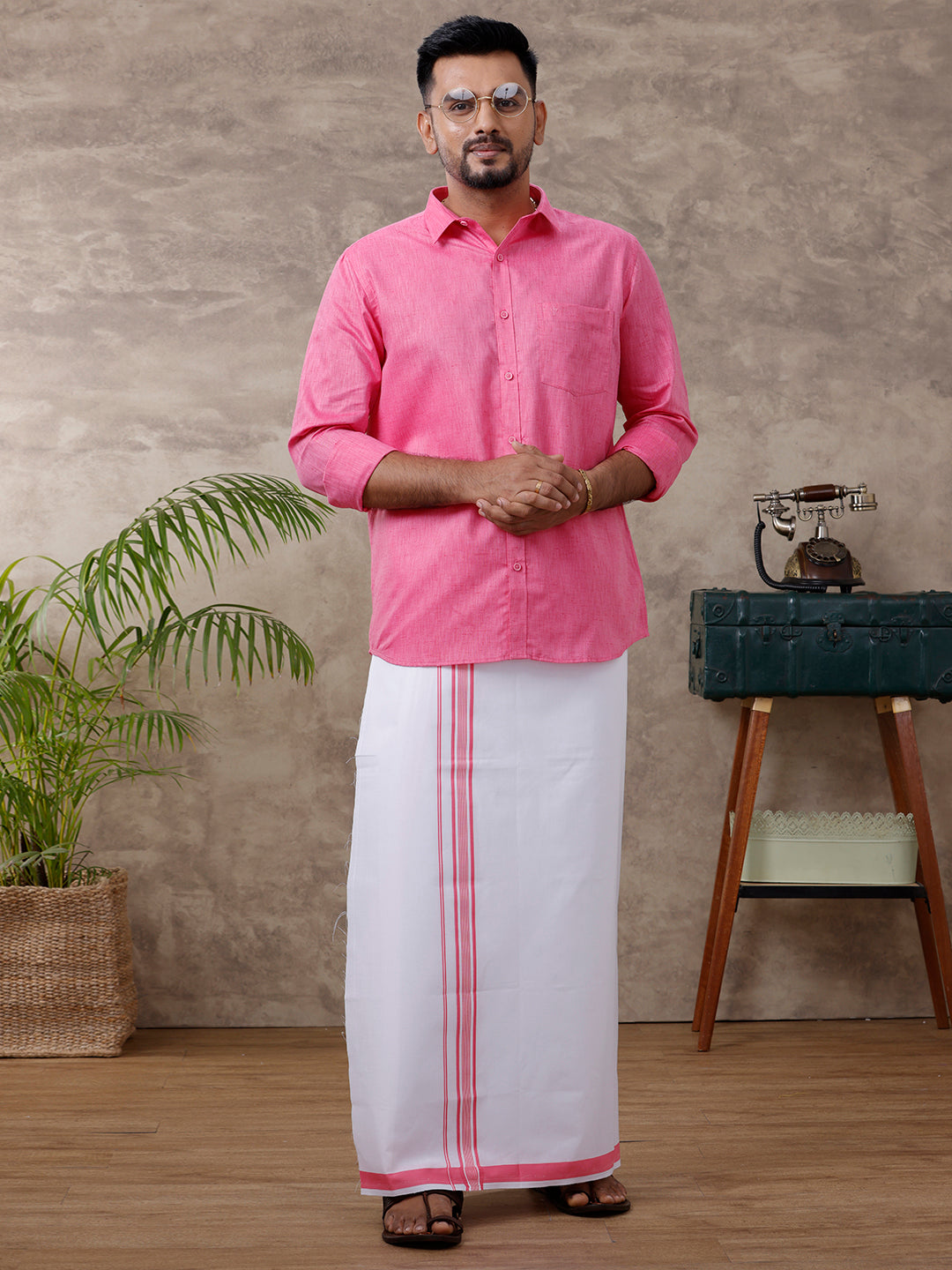 Men Matching Border Dhoti & Full Sleeves Shirt Set Rose C34