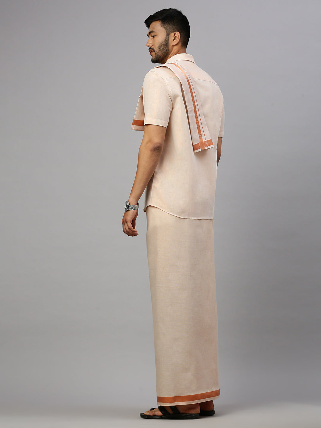 Men Tissue Copper Half Sleeve Shirt Jari Dhoti & Towel Set