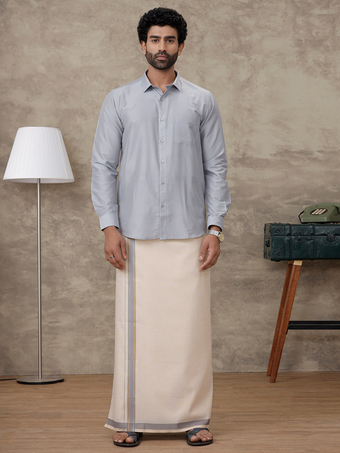 Men Grey Silk Cotton Shirt With Matching Border Tissue Dhoti Set CCB Fortune