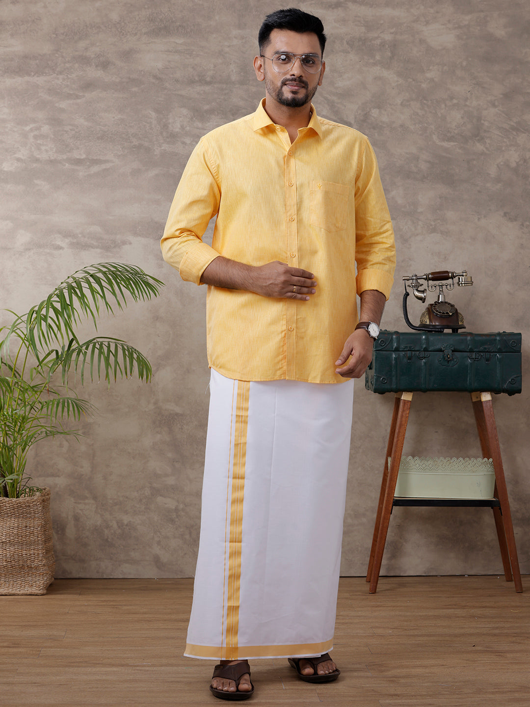 Men Matching Border Dhoti & Full Sleeves Shirt Set Gold C3