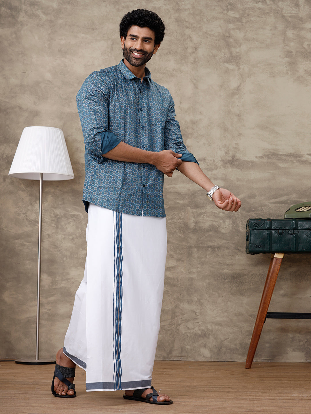 Men Dark Blue With Gray Matching Border Dhoti With Printed Shirt Set Fusion PS4