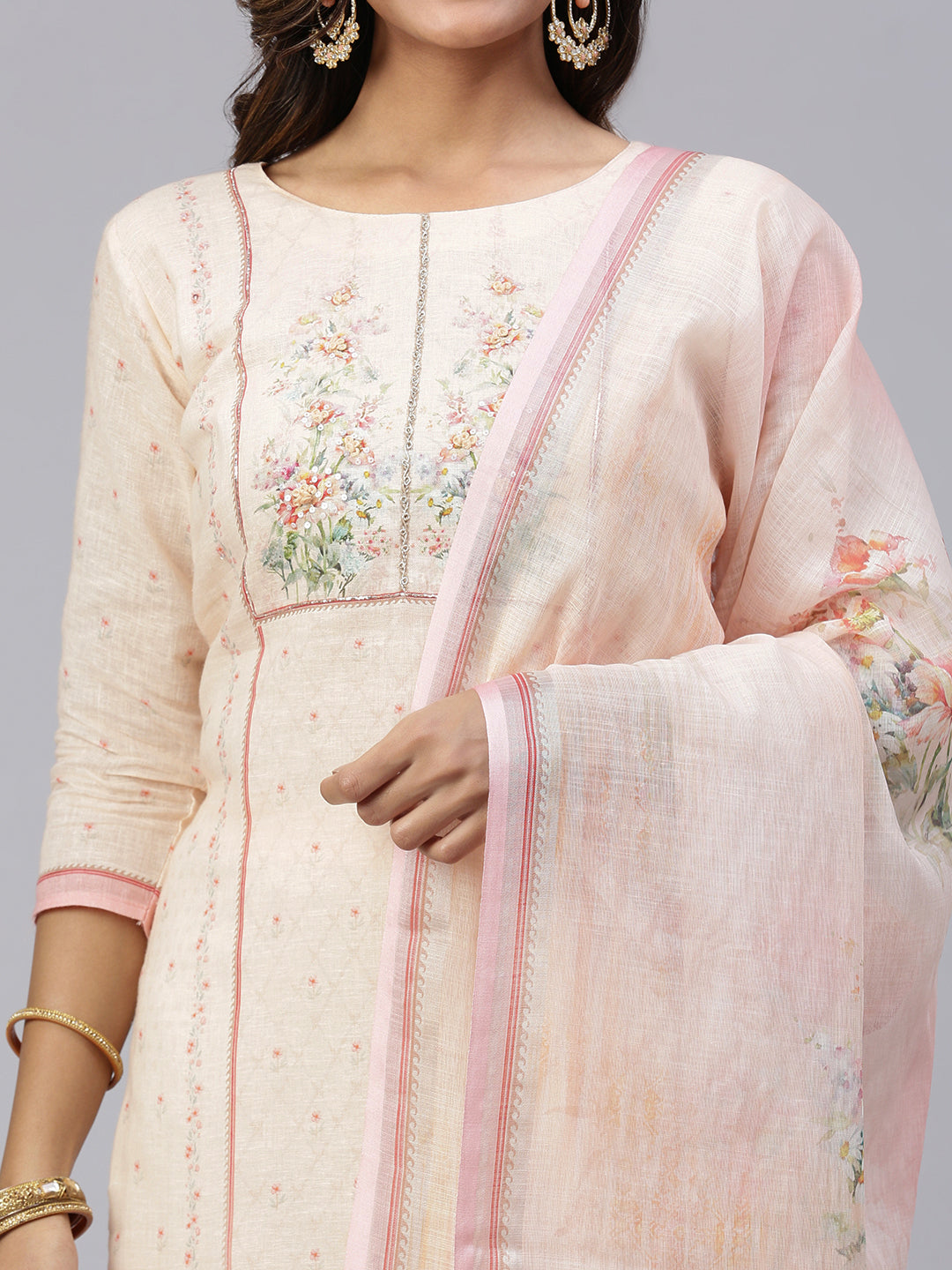 Women Cotton Embroidered Kurti Sets Peach EKS33