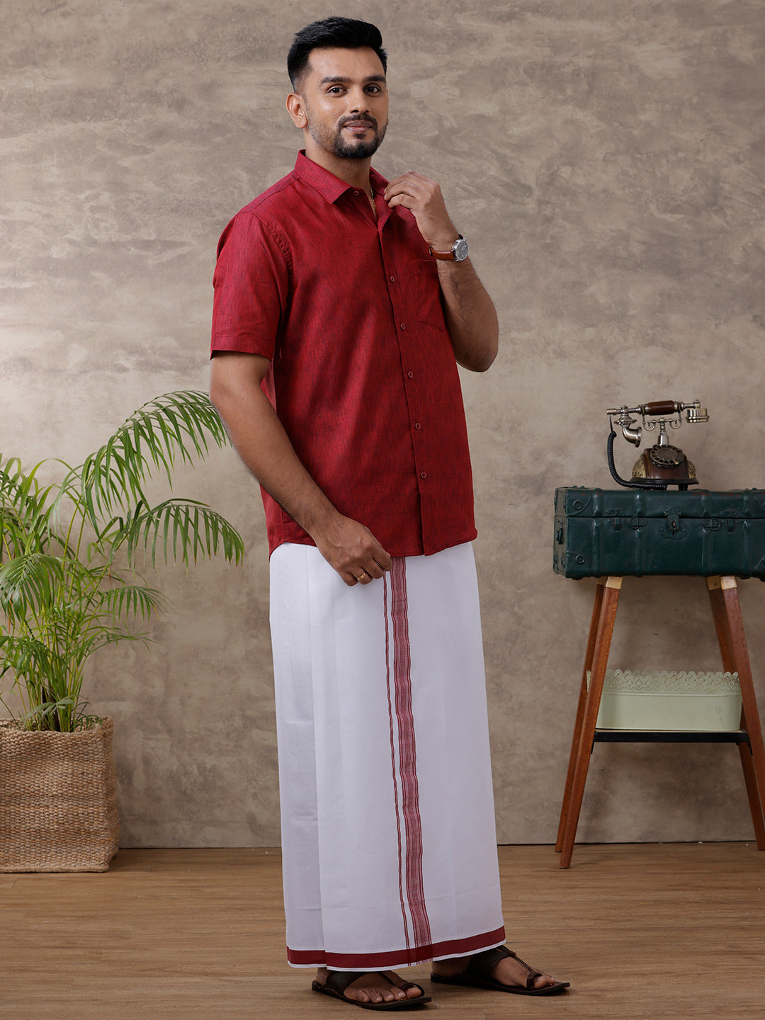 Men Matching Border Dhoti & Half Sleeves Shirt Set Maroon C81