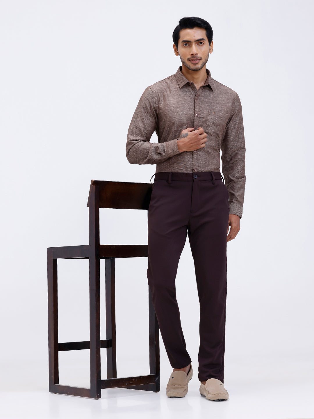 Men Cotton Rich Full Sleeve Shirt Brown Dobby T59 AIT4