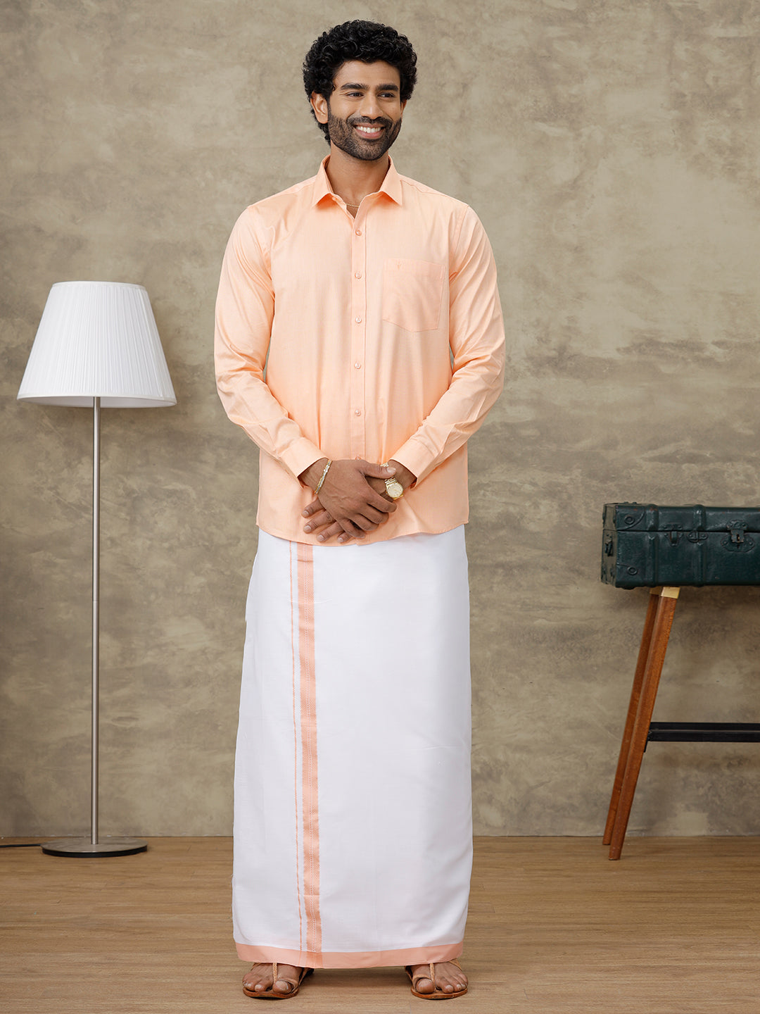 Men Peach Shirt With Matching Border Dhoti Set Evolution