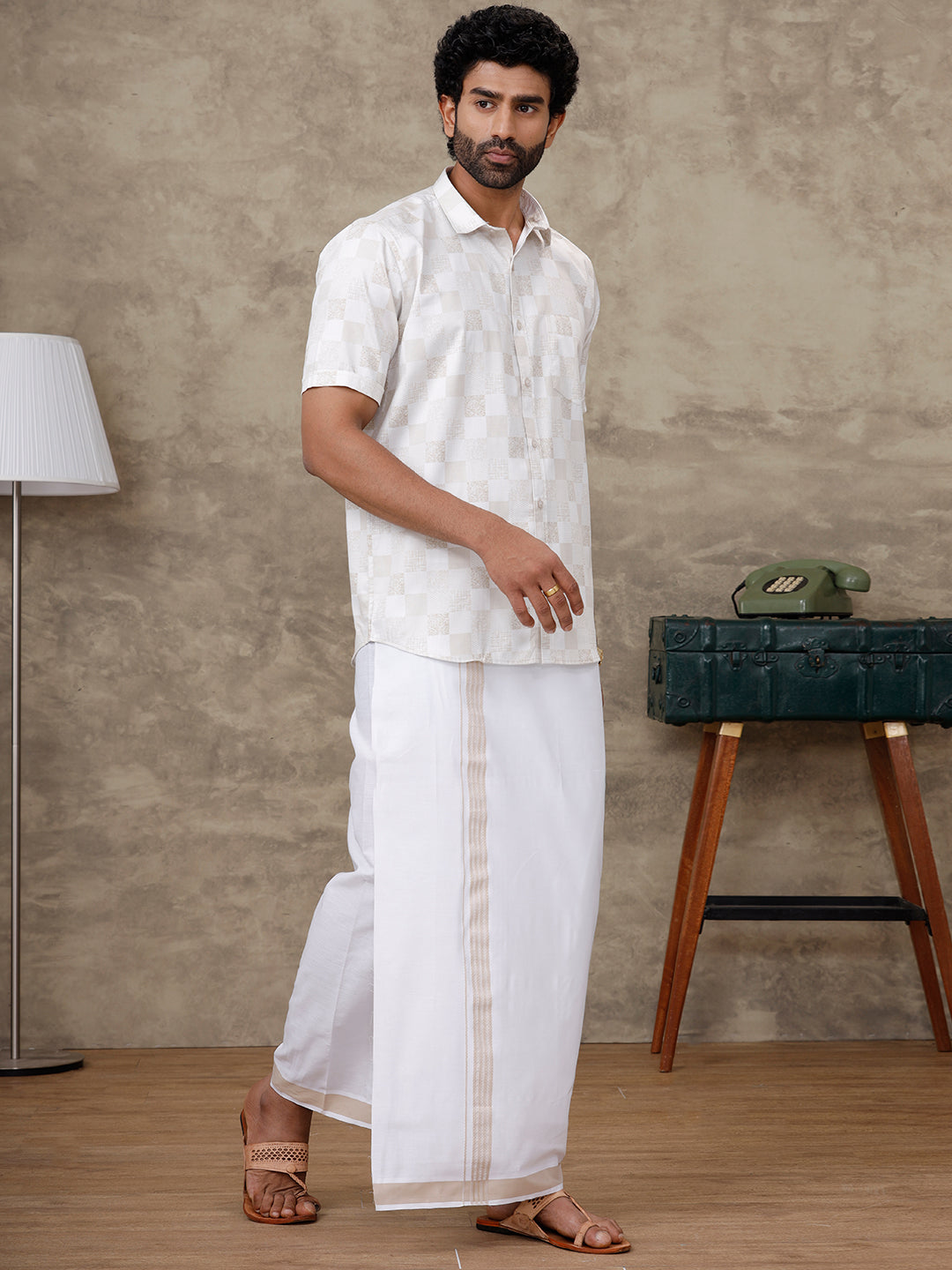 Men Cream Matching Border Dhoti With Printed Shirt Set Fusion PS1