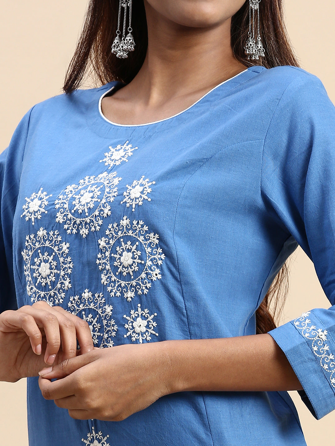 Women Cotton Embroidered Round Neck Straight Cut Blue Kurti EK37-Zoom view
