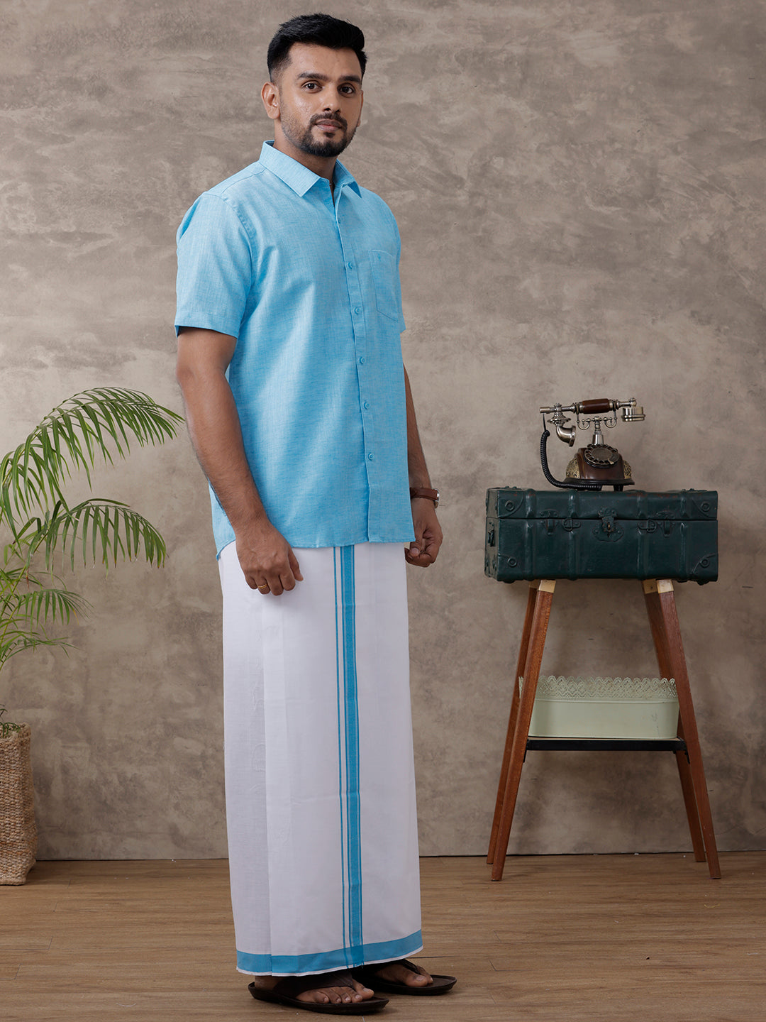 Men Matching Border Dhoti & Half Sleeves Shirt Blue C11