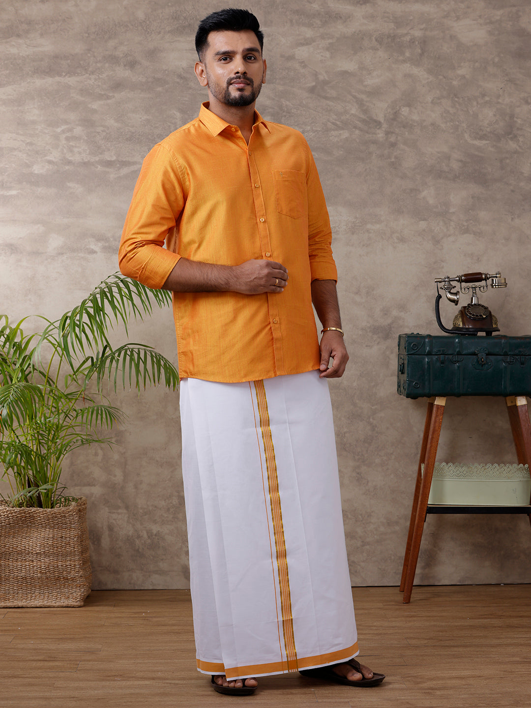 Mens Matching Jari Border Dhoti & Shirt Set Full Gold VB2