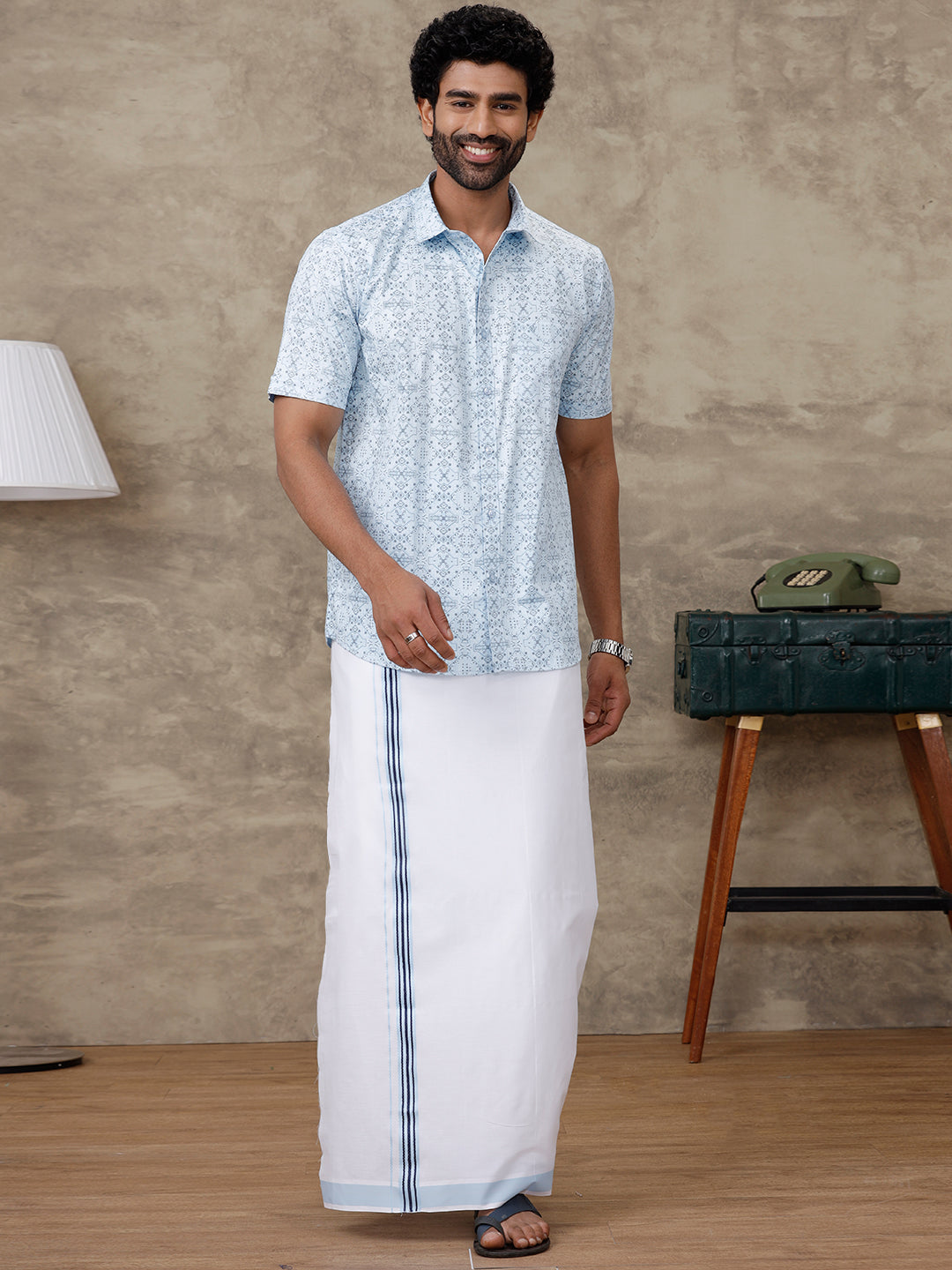 Men Aqua Blue Matching Border Dhoti With Printed Shirt Set Fusion PS2