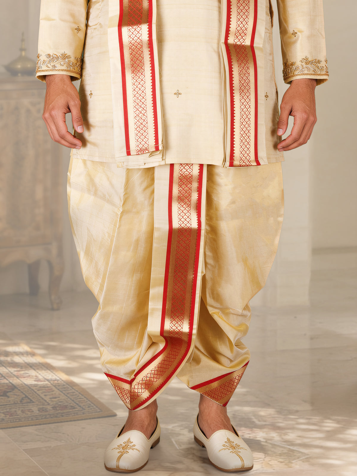 LAGNAA Premium Pure Tussar Silk Hand Embroidered Lotus Motifs Kurta, Panchakacham & Angavastram with Banaras Border| Mangala Varnam